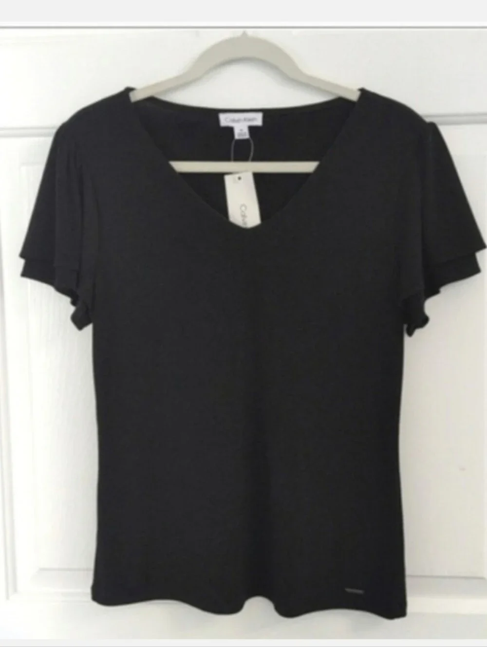 Classic Black Dressy Calvin Klein V-Neck Flutter Sleeve Top Medium - Picture 4 of 10